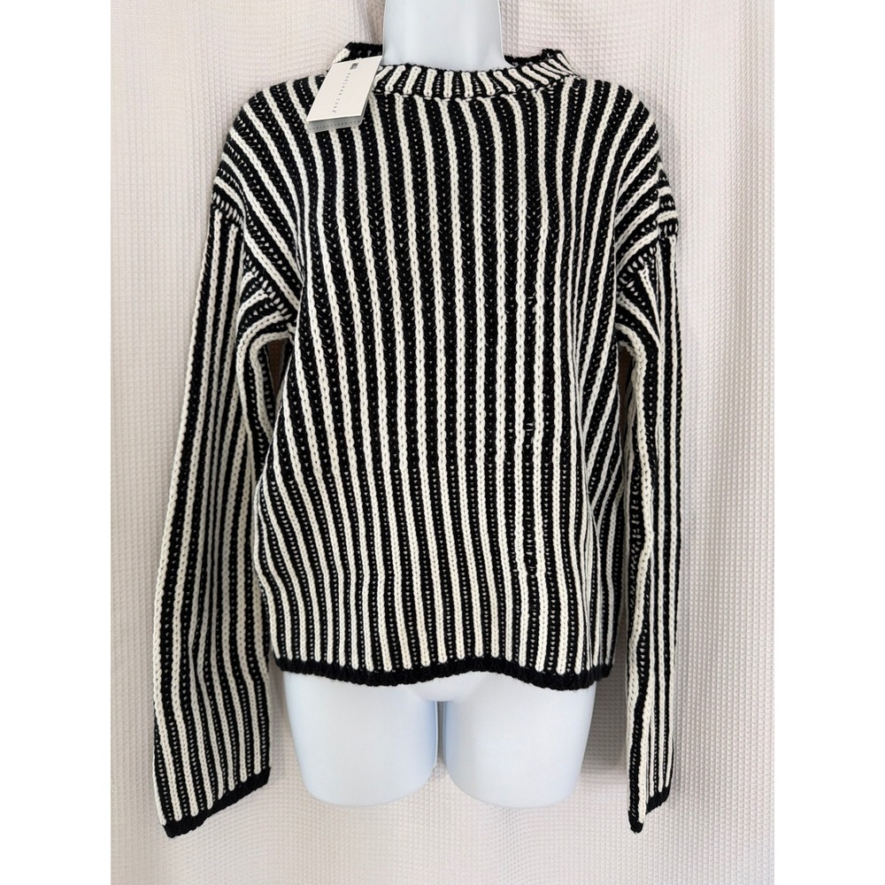 Endless Rose Womens Black White Vertical Stripe Ribbed Knit Sweater Medium NWT